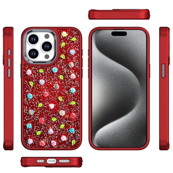 For Apple iPhone 13 Pro Max Floral Design Embedded Glass Diamond Fancy Fashion Glitter Bling Sparkly Hybrid Rugged TPU Bumper Cover, XPM Phone Case [Red]