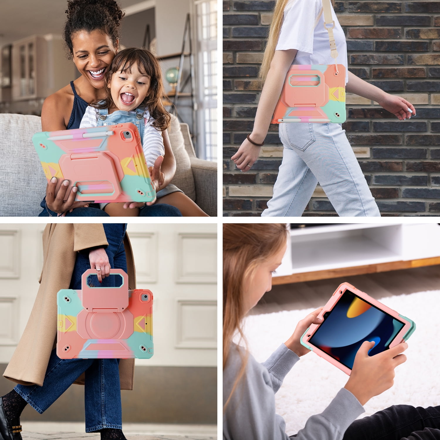Allytechgroup Heavy Duty Shockproof Case Cover for Apple iPad 9th 8th 7th Generation, Ultimate Protection with Handle Stand, Shoulder Strap, and Pencil Holder Kids Friendly, Colorful Pink