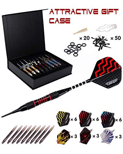 Tool Kit 27 Flights Darts Plastic Tip Professional Darts Set for Electronic Dartboard 9 Pcs 18 Grams with 50 Extra Darts Plastic Tips 9 Shafts a Darts Gift Case 