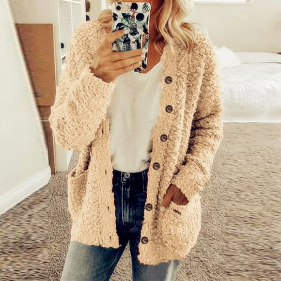 yievot Cardigan Sweaters For Women Casual Plus Size Solid Color Plush Sweater Pockets Outerwear Buttons Cardigan Coat
