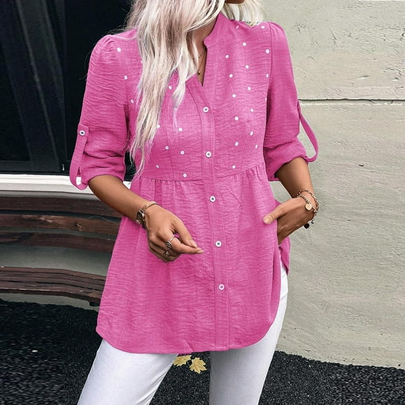 Soki Tunique Décontractée à Manches Longues Col en V Boutonnée Ample T-Shirt Mode à Pois Blouse en Coton Lin