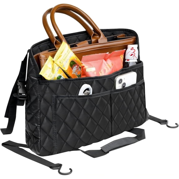 Prichor Car Handbag Holder Between Seat – Durable Leather Seat Back Organizer – Pet & Kids Driver Storage Netting Pouch – Upgraded Black