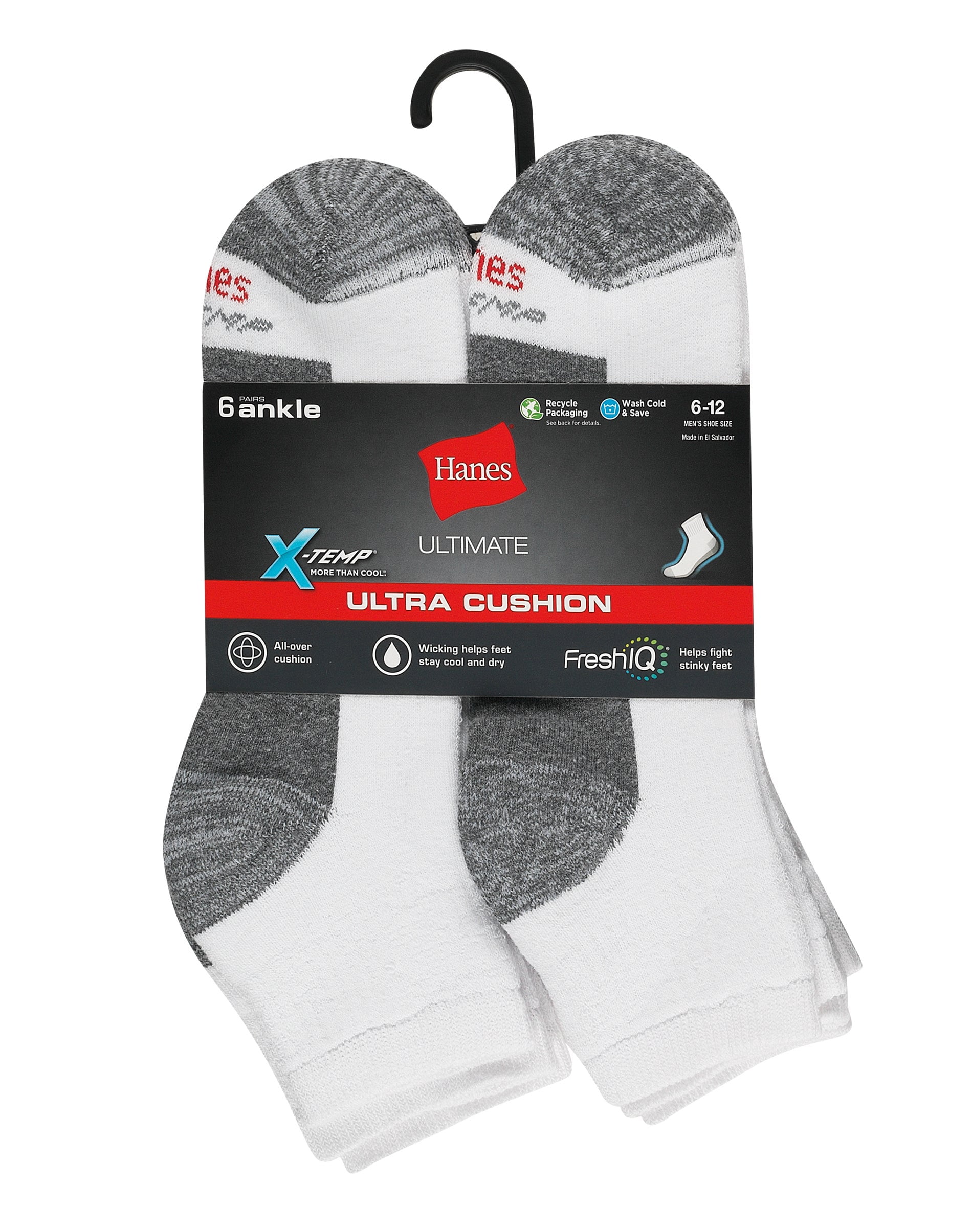 Hanes Ultimate Men's Ultra Cushion Ankle Socks, 6-Pairs White 6-12