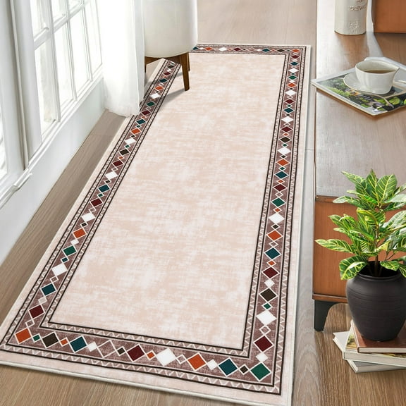 GlowSol 2'x6' Hallway Runner Rug Border Rug Non-Slip Kitchen Bedsides Rug Geometric Border Rug Runner for Laundry Room Bedroom, Beige