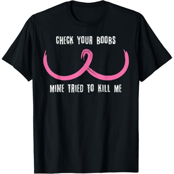Breast Cancer Awareness Shirt Check Your Boobs Survivor Gift T-ShirtMen and women, Black T-shirt, size: Extra large