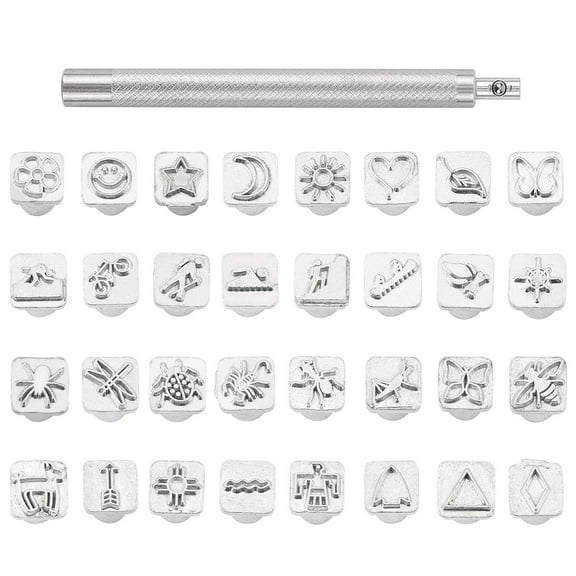 32 pcs Stainless Steel Leathercraft Metal Insect Theme Stamps Punch Set Tool with 1 pc Handle for Leather Craft Belt Bag Craft DIY Jewelry Marking DIY