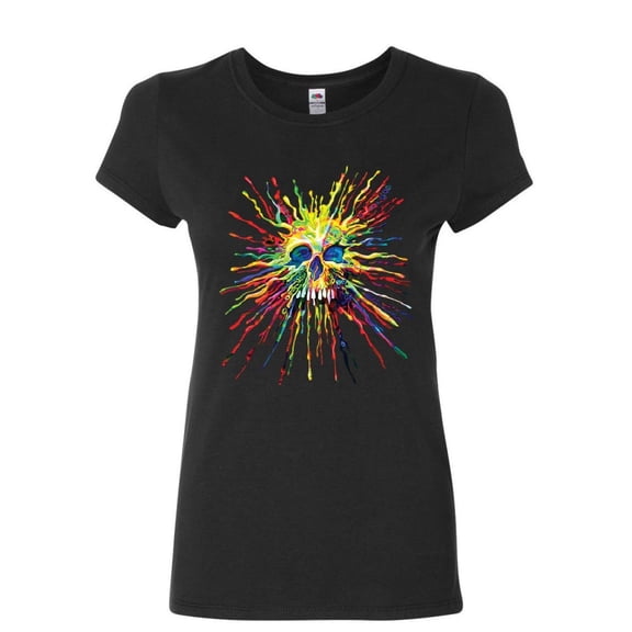 Tee Hunt Paint Splatter Skull Women's T-Shirt Multicolor Art Crazy Melting Drip Shirt, Black, Large