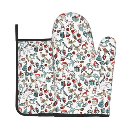 

Zeuib Christmas Elements Print Oven Mitt & Pot Holder Set 2-Pack Kitchen Gloves and Hot Pads for Cooking BBQ Grilling Baking