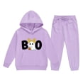 thumbnail image 3 of Glisme Girls Outfit Set Graphic Print Long Sleeve Hooded Tees With Pants Set Halloween Comfortable Girls Outfit Size 6-7 Years Light Purple, 3 of 3