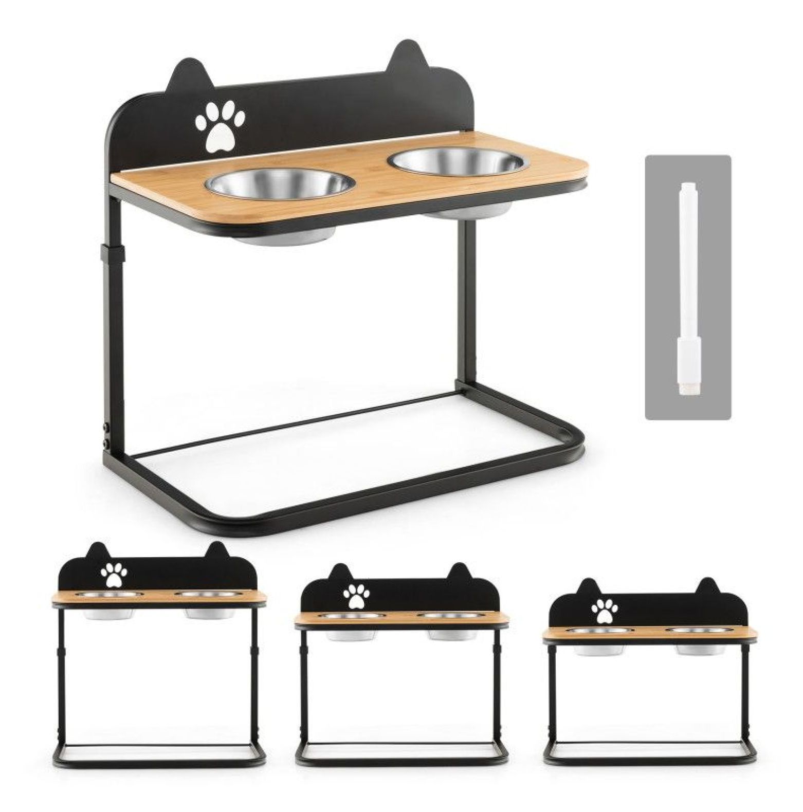 Elevated Dog Bowls with Stand - 2 Stainless Steel Bowls - Adjustable Height - Bamboo Tabletop - for Medium & Large Dogs - Pet Feeder