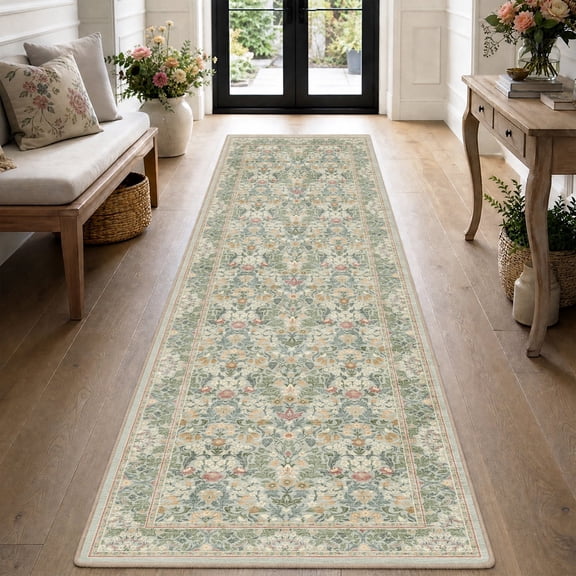 SIXHOME 2' x 6' Washable Runner Rug, Farmhouse Floral Non-Slip Carpet, Soft Botanical Indoor Rug for Hallway, Bedroom, Bedside, Laundry Room & Kitchen, Classic Green