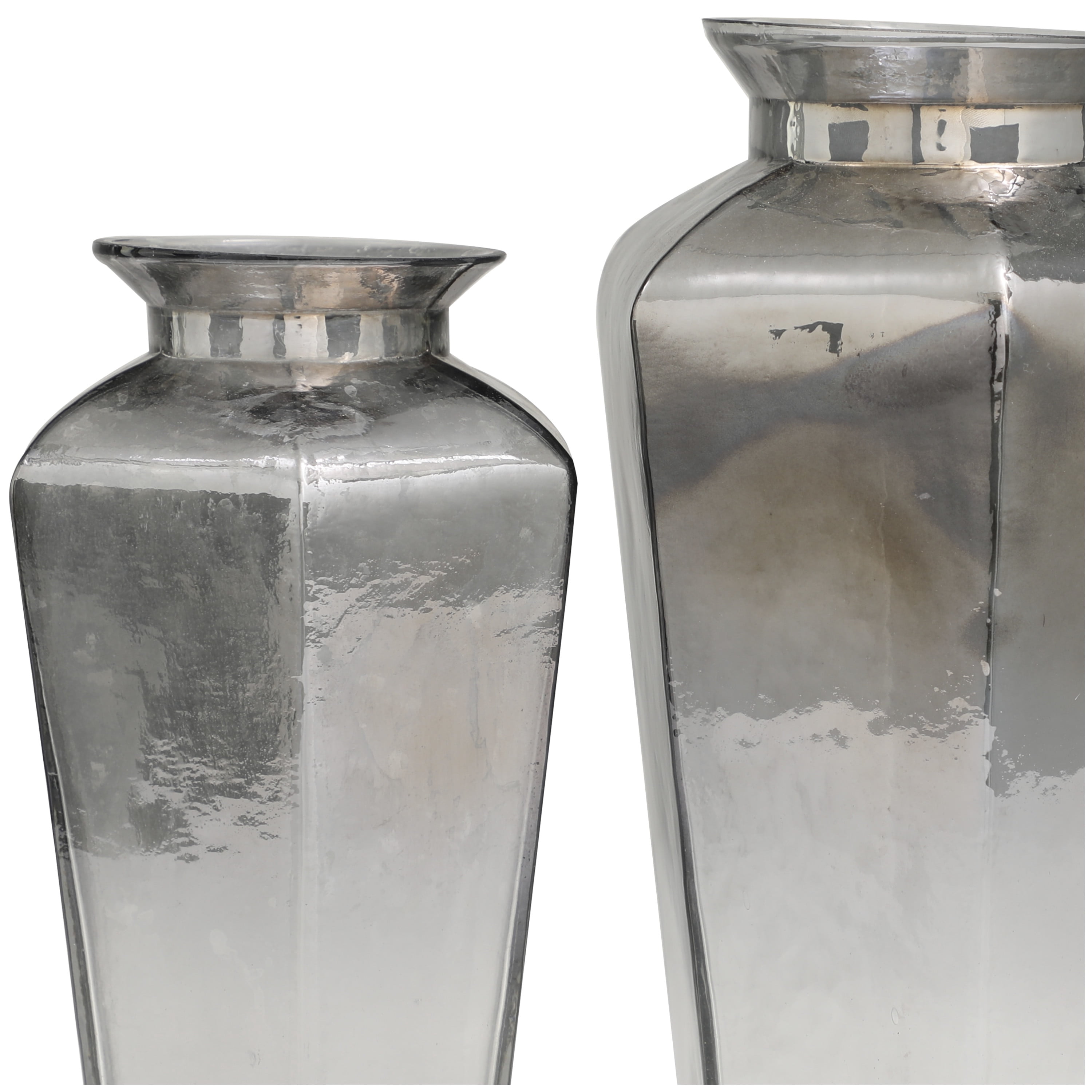 DecMode 13", 11"H Geometric Hexagon Gray Glass Vase, Set of 2
