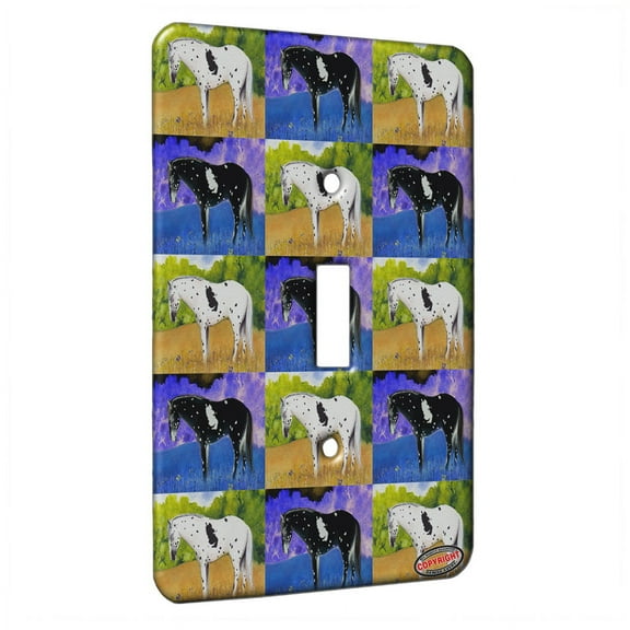 KuzmarK™ Single Gang Toggle Switch Wall Plate - Black Leopard Appaloosa Sleepy Summer Day Horse Pattern Art by Denise Every