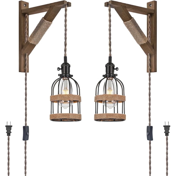 KEESFU Farmhouse Plug-in Wall Sconce Set of 2, Adjustable Height Wall Light with Rope Cage Shade, Black Metal and Wood Hanging Light Fixture for Bedroom, Living Room, Hallway