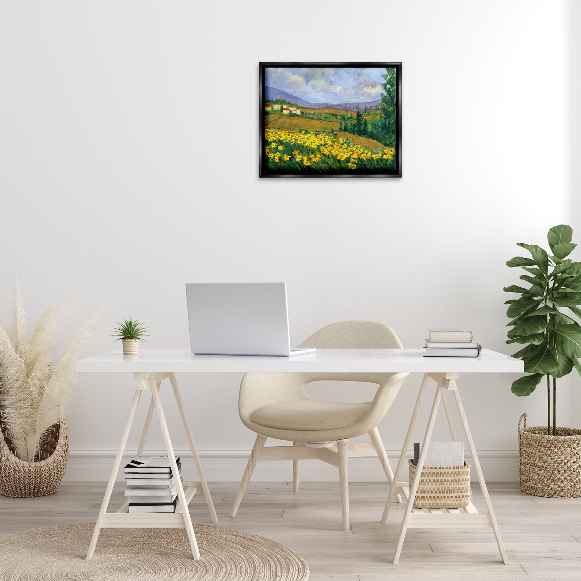 Stupell Industries Daffodil Field by Farm Landscape & Nature Painting Black Floater Framed Canvas Art Print Wall Art, 21 x 17