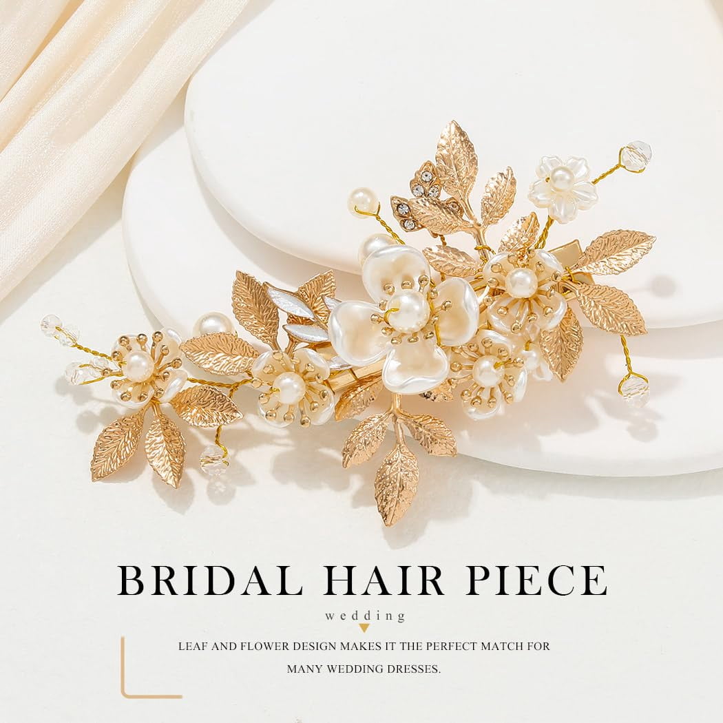Gold Hair Clip Bridal Hair Accessories Flower Hair Piece for Women FJ03 (Gold)