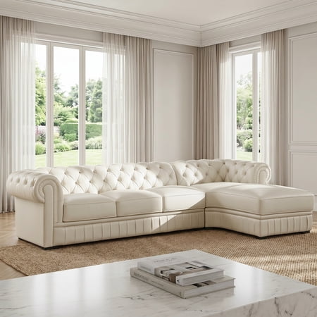 Genuine Leather Sectional Sofa, Handcrafted L-Shape Italian Full-Grain Leather Couch with European Embossed Pattern, Button Tufting & Rolled Arms, Chesterfield Living Room Furniture Set Right Chaise
