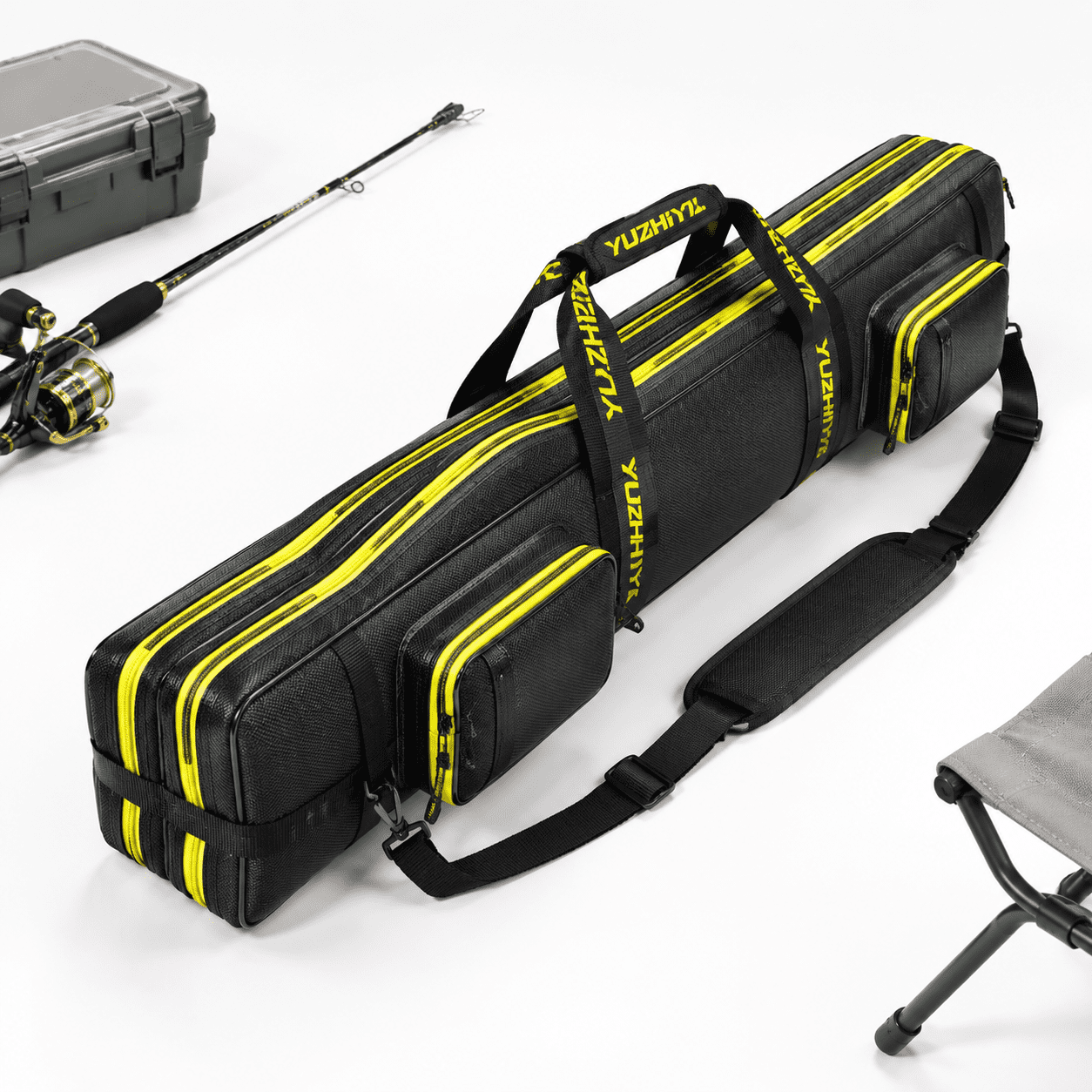 Black 51.18inch Double - Layer 2-Layer Fishing Pole Bag Rod Case Organizer
