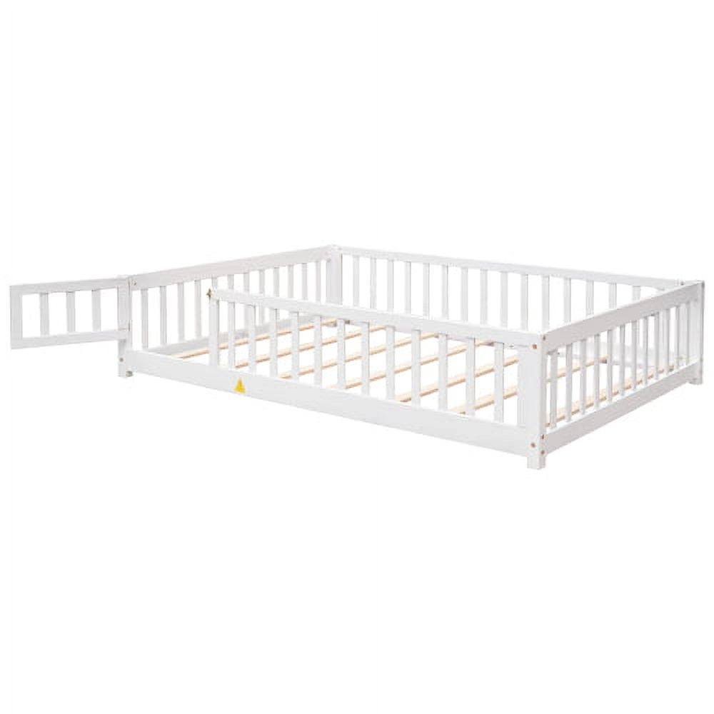 Full Size Floor Bed for Kids, Wooden Full Bed Frame with Fence Guardrails & Support Slats & Revolving Door Design, Montessori Style, Full Playhouse Bed with for Toddler, Boys ,Girls, White