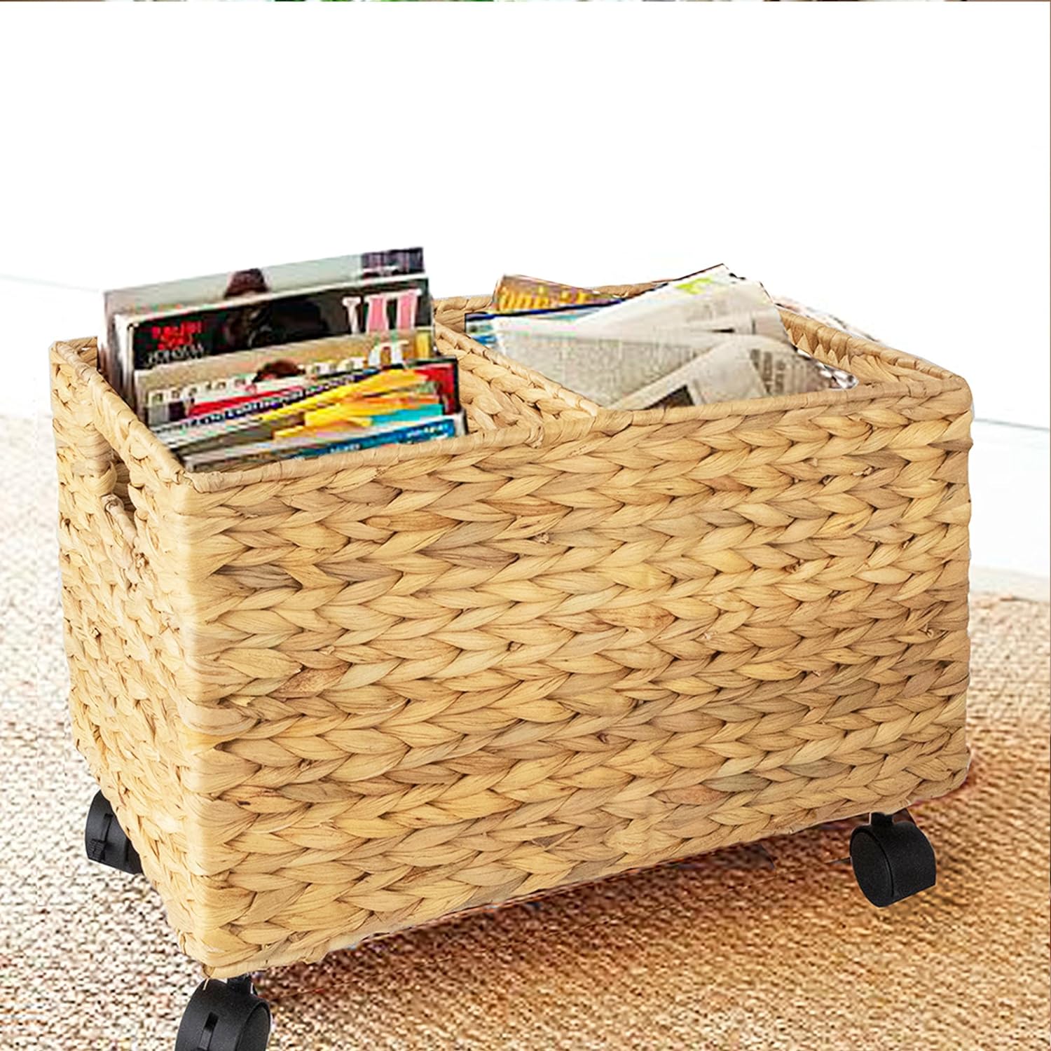 Rolling Wicker Storage Basket Set of 2 – Natural Water Hyacinth & Seagrass Bins on Wheels with Removable Divider & Insert Handles – Nesting Design for Under Desk, Home & Office Organization