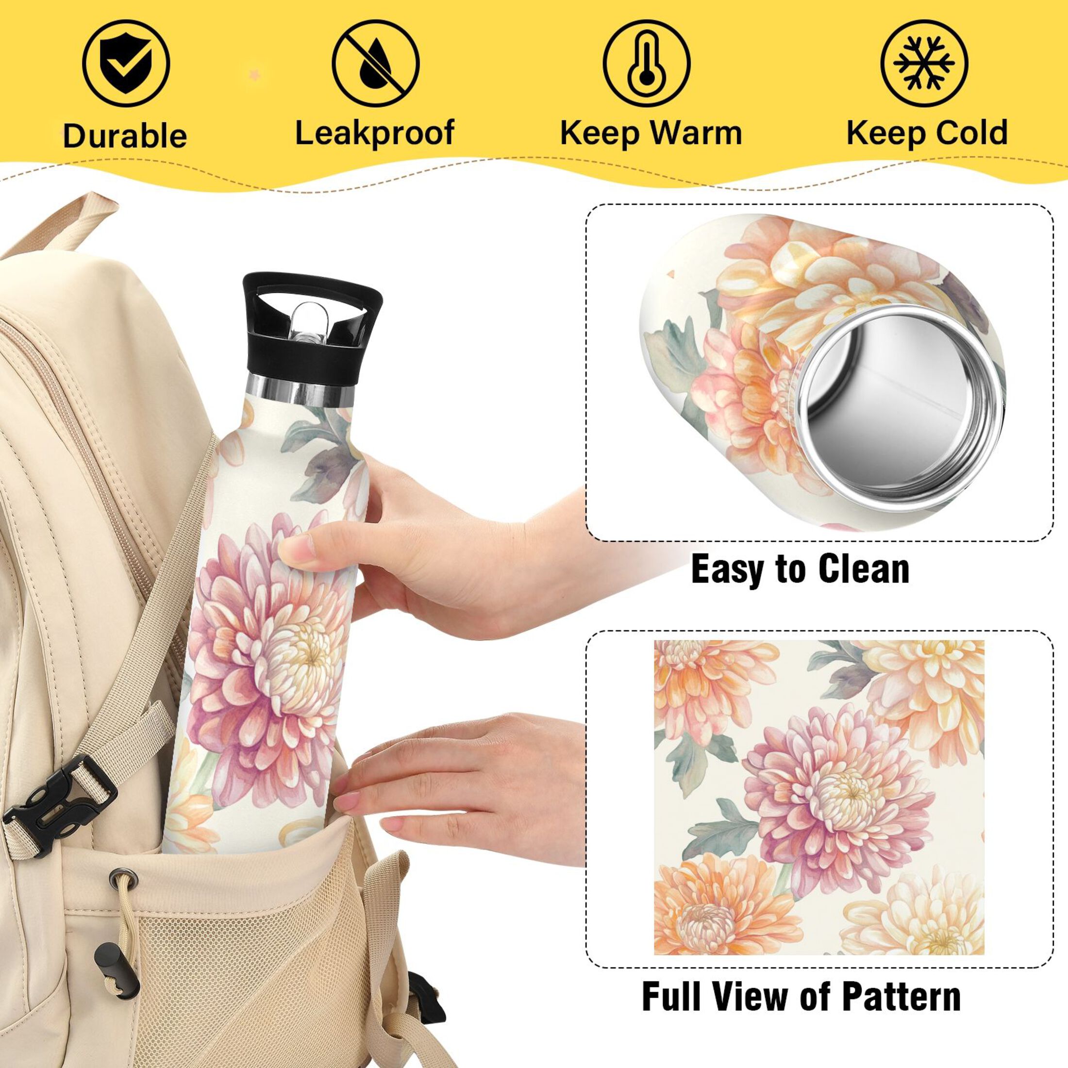 600ML Stainless Steel Insulated Cup Sports Water Bottle Portable Thermos Cup Water Glasses Insulated Tumblers Convenient and Durable Chrysanthemums Brown