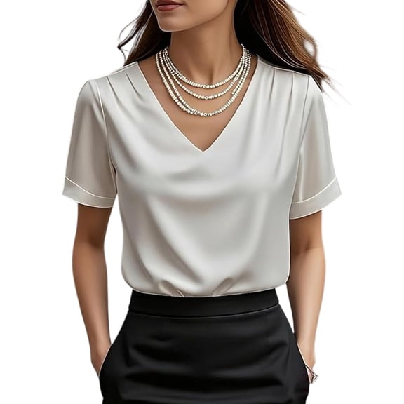 CIENVNSTG Women Fashion Satin Silk Tops Short Sleeve V Neck Soft Solid Color Dressy Tunic Shirts Casual Business Office Style for Daily Commute Official Gathering and Leisure Daily Outfits White M