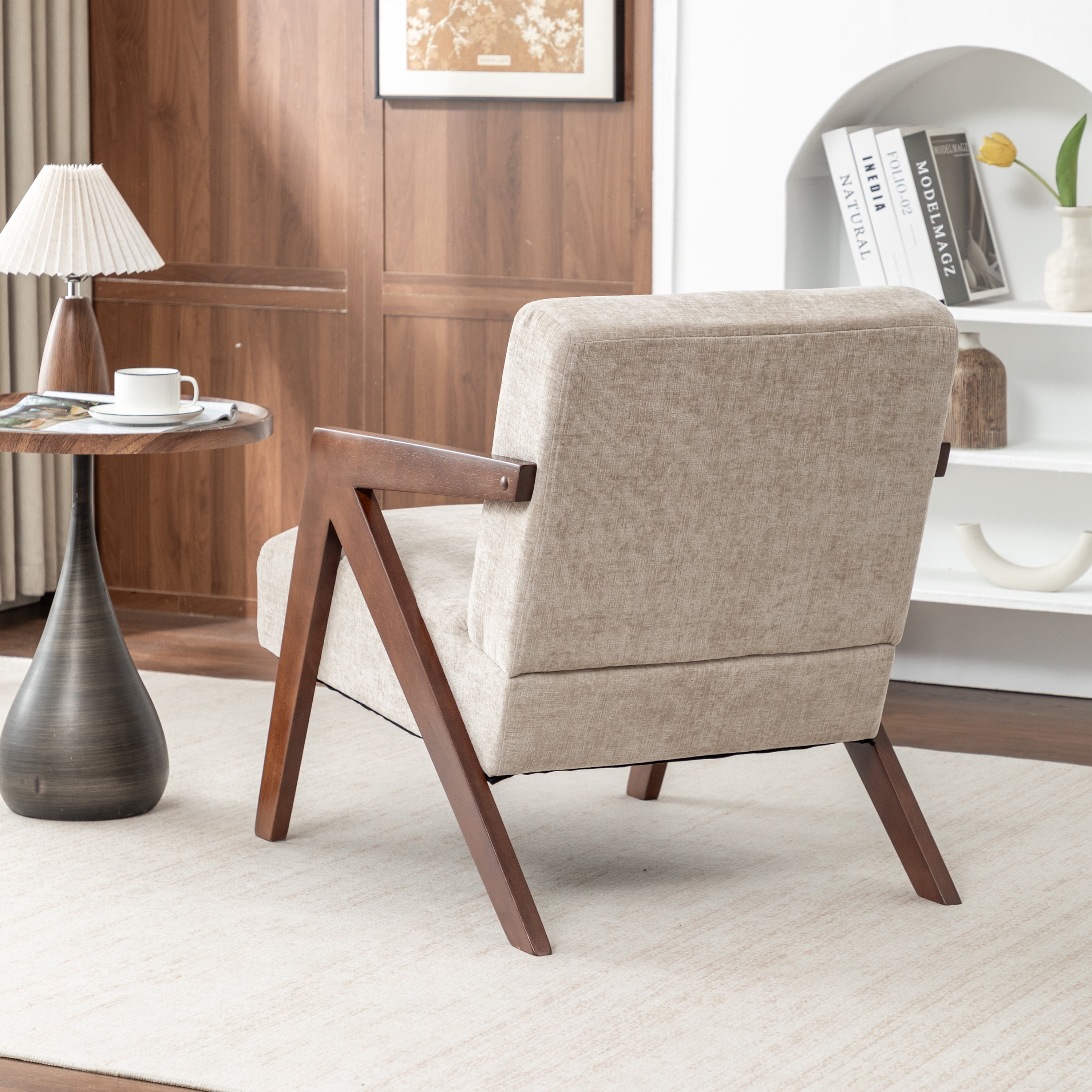 Leumius Mid Century Modern Accent Chair,Upholstered Reading Armchair with Solid Wood Frame,Accent Chair for Living Room Bedroom Apartment, Easy Assembly,Greige