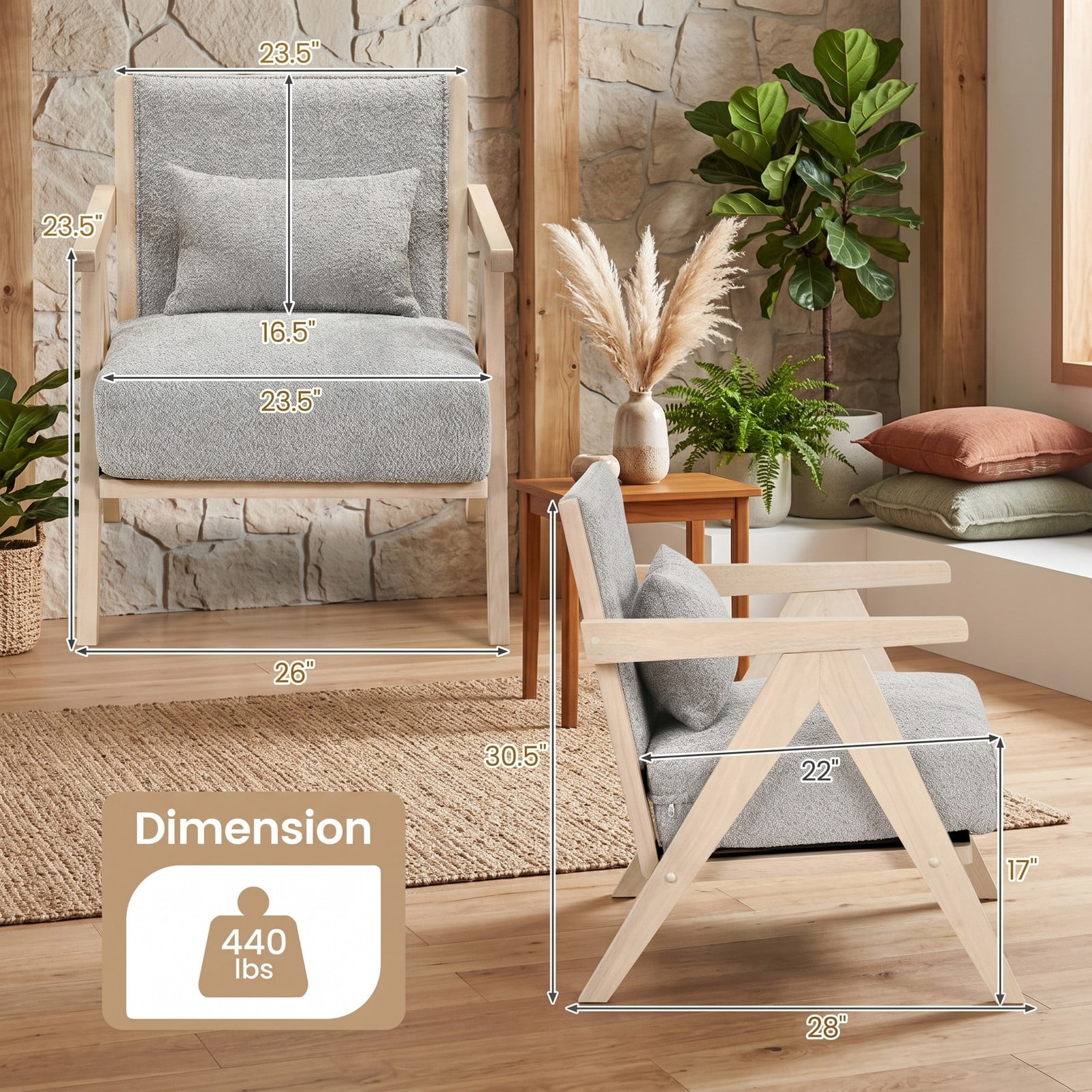 Furnibear Mid-Century Modern Accent Chair, Faux Leather Upholstered Armchair with Chenille Fabric, Rubber Wood Frame, Pocket Spring Seat, Removable Washable, Gray