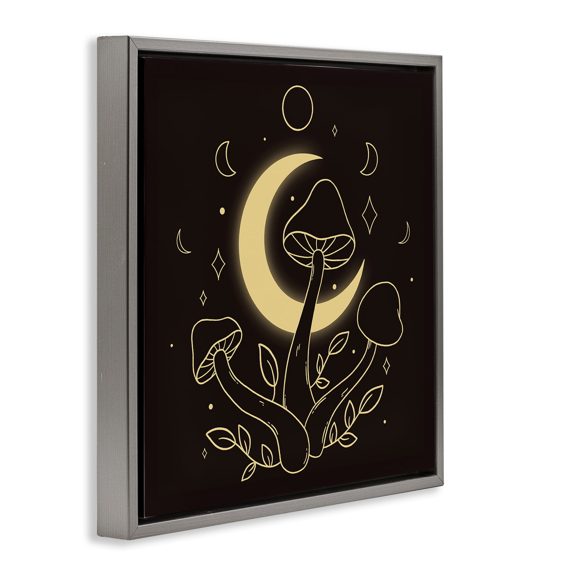 Stupell Industries Dancing Mushrooms & Moon Plants & Flowers Painting Gray Floater Framed Canvas Art Print Wall Art, 25 x 25