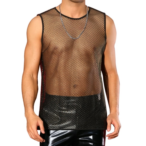 INSPIRAR CHIC Camiseta Transparente sin Mangas para Hombres, Ropa de Fiesta y Club, Chaleco de Malla Brillante XL Dorado Negro
