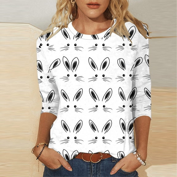 Royisotas Easter Shirts for Women Plus Size Cute Rabbit Print Tshirt Casual Short Sleeve Bunny Graphic Tee Tops
