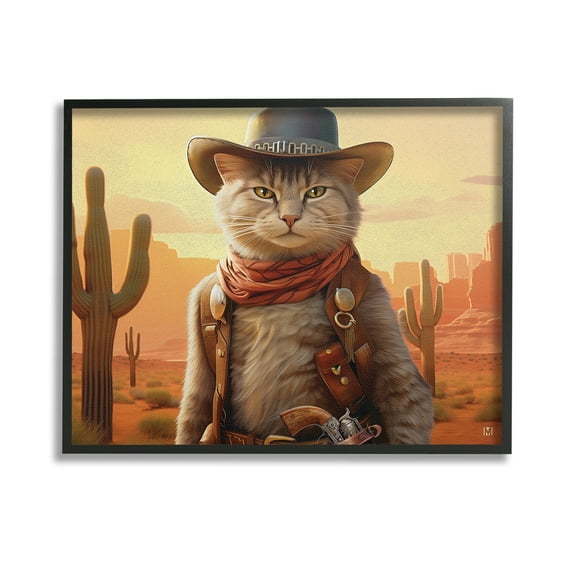 Stupell Industries Cowboy Sheriff Cat Animals & Insects Painting Black Framed Art Print Wall Art, 14 x 11