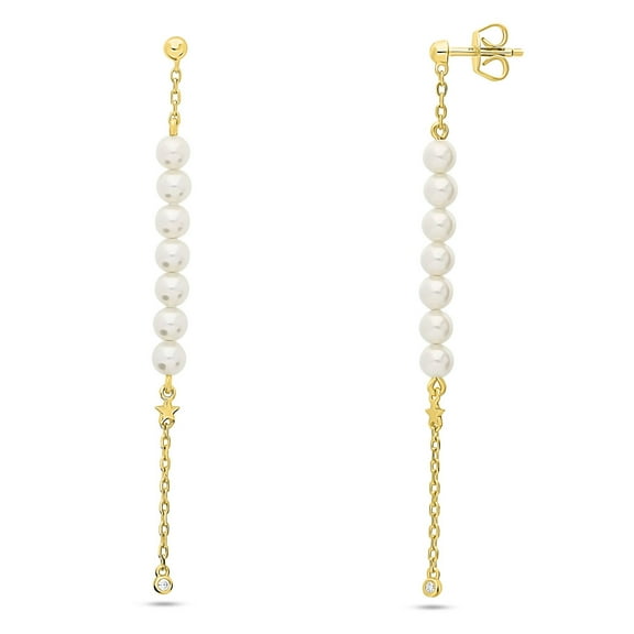 BERRICLE Sterling Silver Star Imitation Pearl Ball Bead Fashion Dangle Drop Earrings for Women, Yellow Gold Flashed