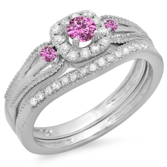 Dazzlingrock Collection 10K Round White Diamond And Pink Sapphire Halo Bridal Engagement Ring Setn, White Gold, Size 8
