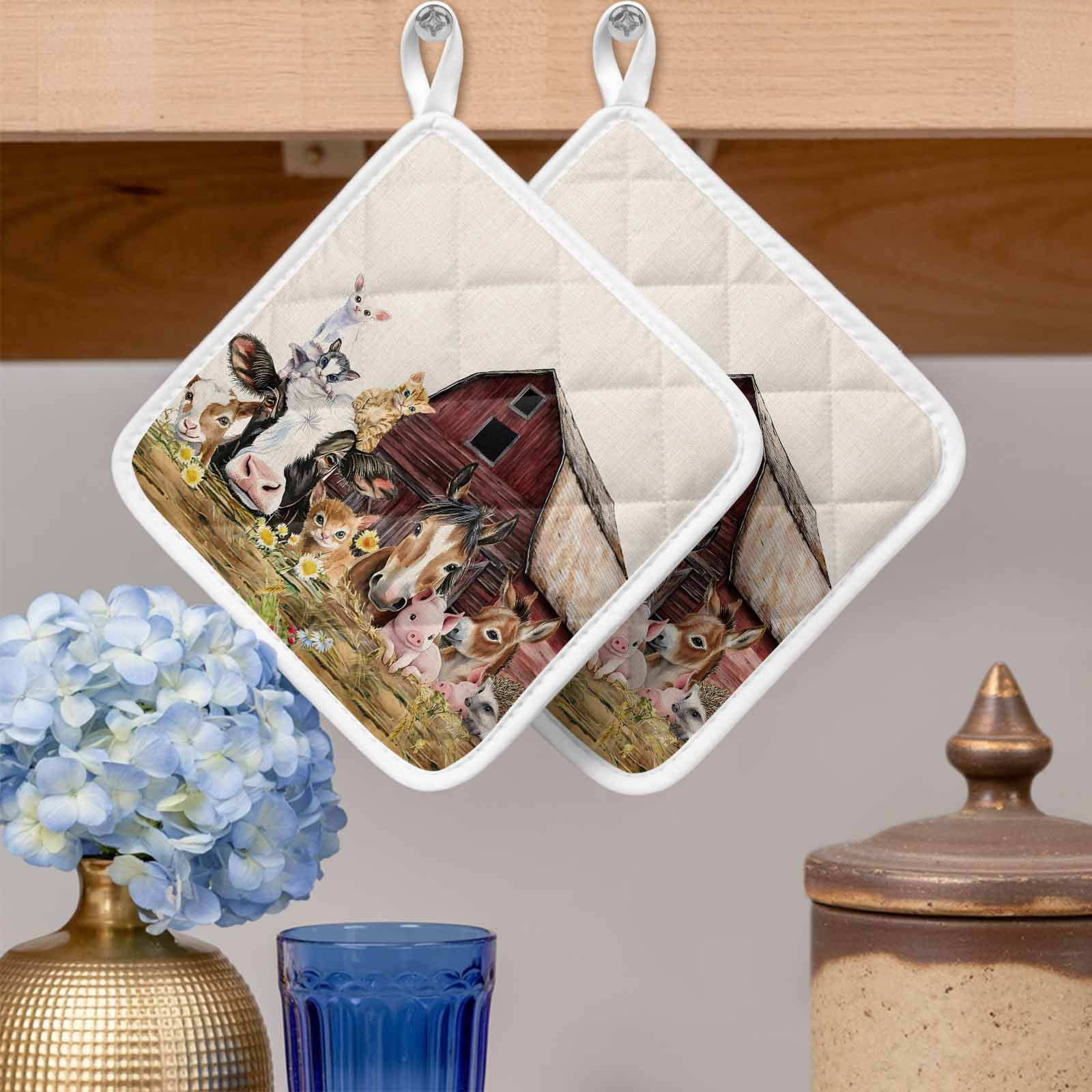 Farm Cow Pig Pot Holders for Kitchen Heatproof Potholder, 5 Pack Farmhouse Animals Retro Fench Wood Bran Hot Pads Multipurpose Oven Pads Cloth Potholders Trivet for Cooking Baking
