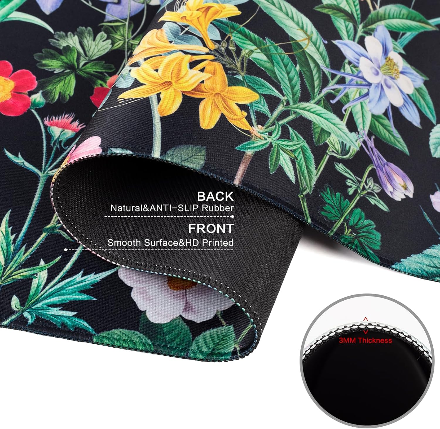 Black Flower Desk Mat Floral Plants Mouse Pad, Wildflowers Large Gaming Mousepad Desk Pad, XXL Keyboard MouseMat Full Desktop Mat Women Office Accessories 31.5"x15.7"