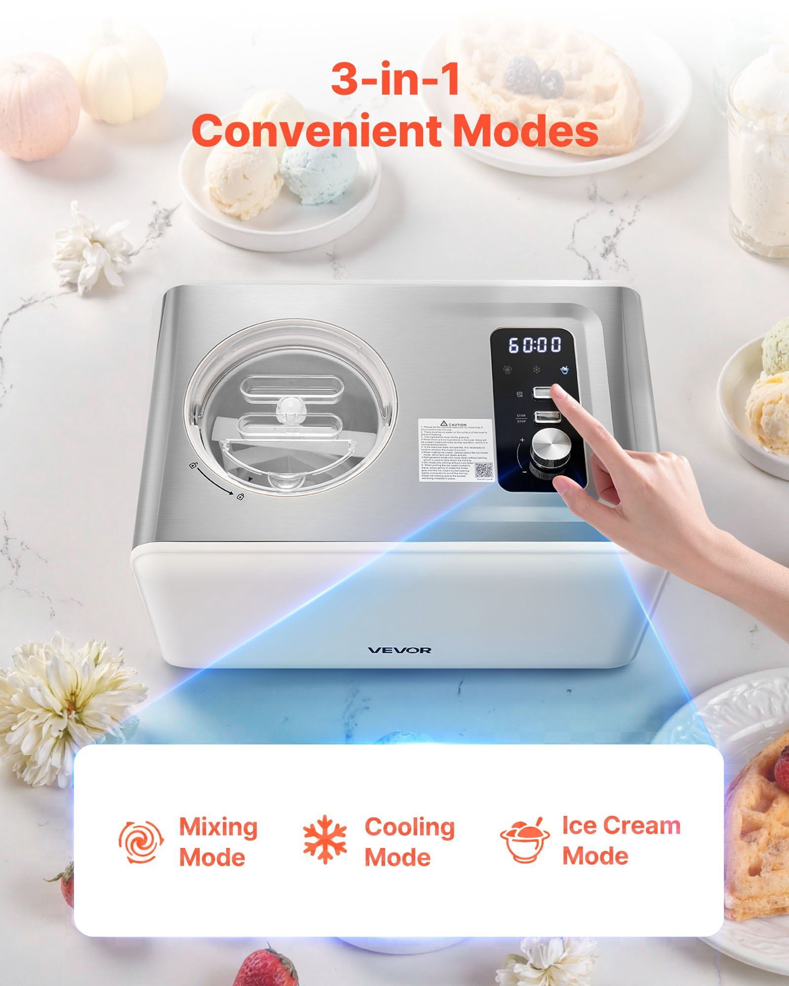 2 Quart Automatic Ice Cream Maker with Built-in Compressor, No Pre-Freezing, 3-in-1 Modes for Ice Cream, Cooling and Mixing, 150W Motor, Smart Protection, Easy Disassembly and Cleaning