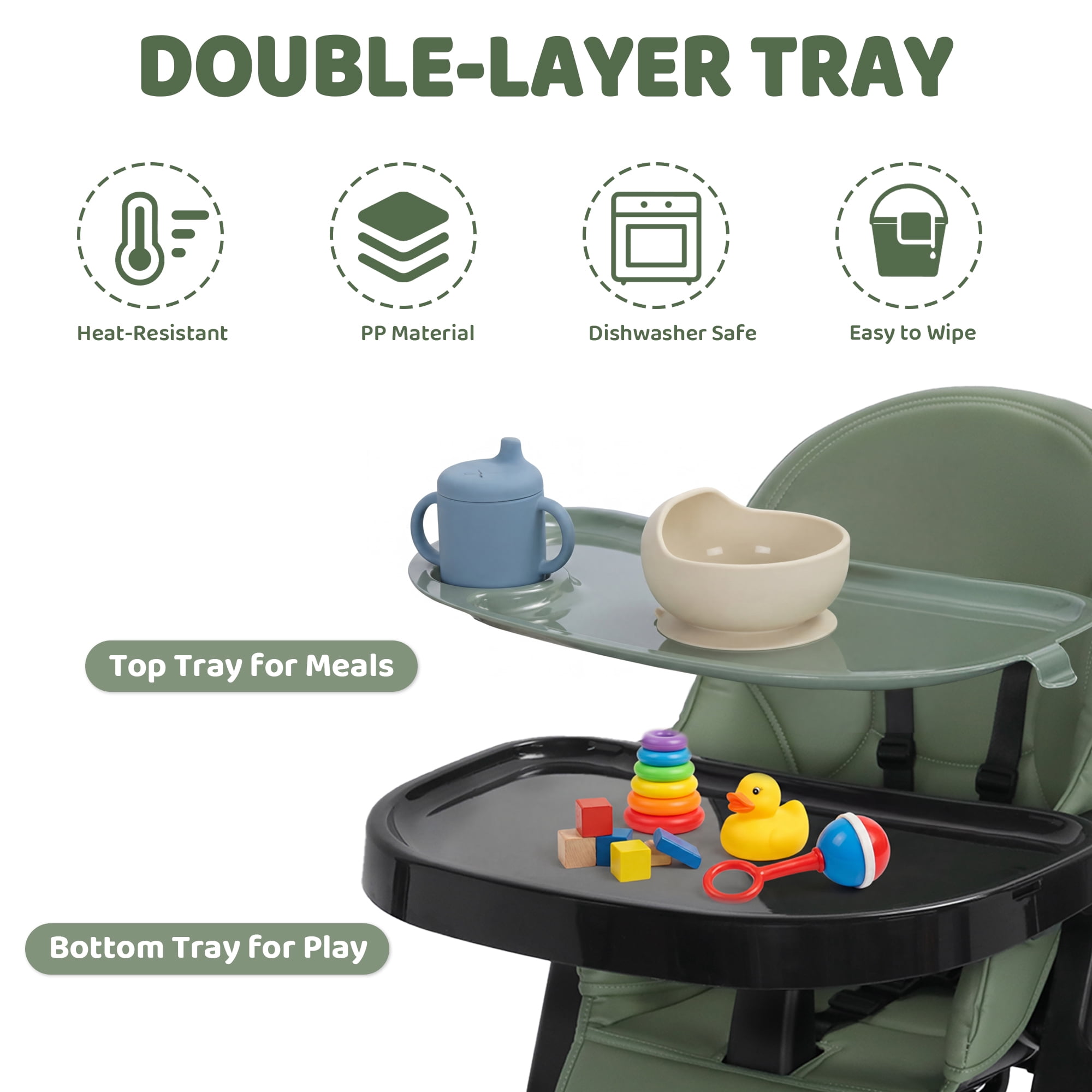 AILEEKISS Foldable High Chair for Baby, Toddler Eating Chair with Detachable Double Trays, Green