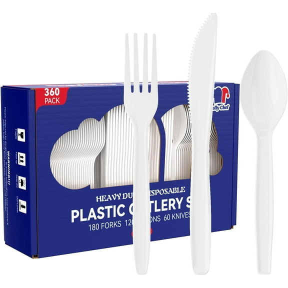 360 Count White Plastic Silverware Heavy Duty, 180 Forks, 120 Spoons, 60 Knives, Heat Resistant, BPA Free, Plastic Utensils Set, Disposable Cutlery set, Premium Clear Utencils