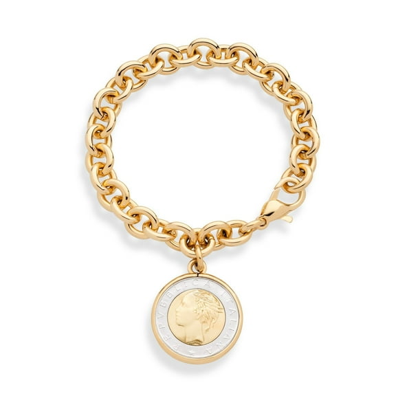 Miabella 18K Gold over Bronze Italian Genuine 500-Lira Coin Charm Rolo Link Chain Bracelet for Women Made in Italy
