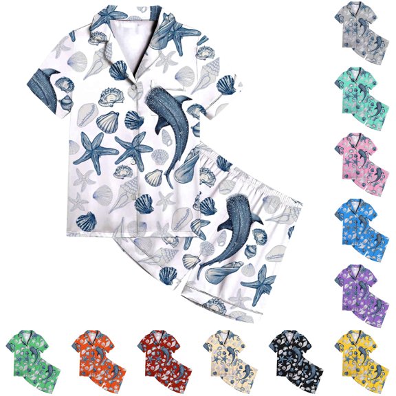 JAJAHO Silk Pajamas For Girls 2 Piece Sets Ocean Animals Printed Short Sleeve Sleepwear Shorts Set For Kids 2-13Y