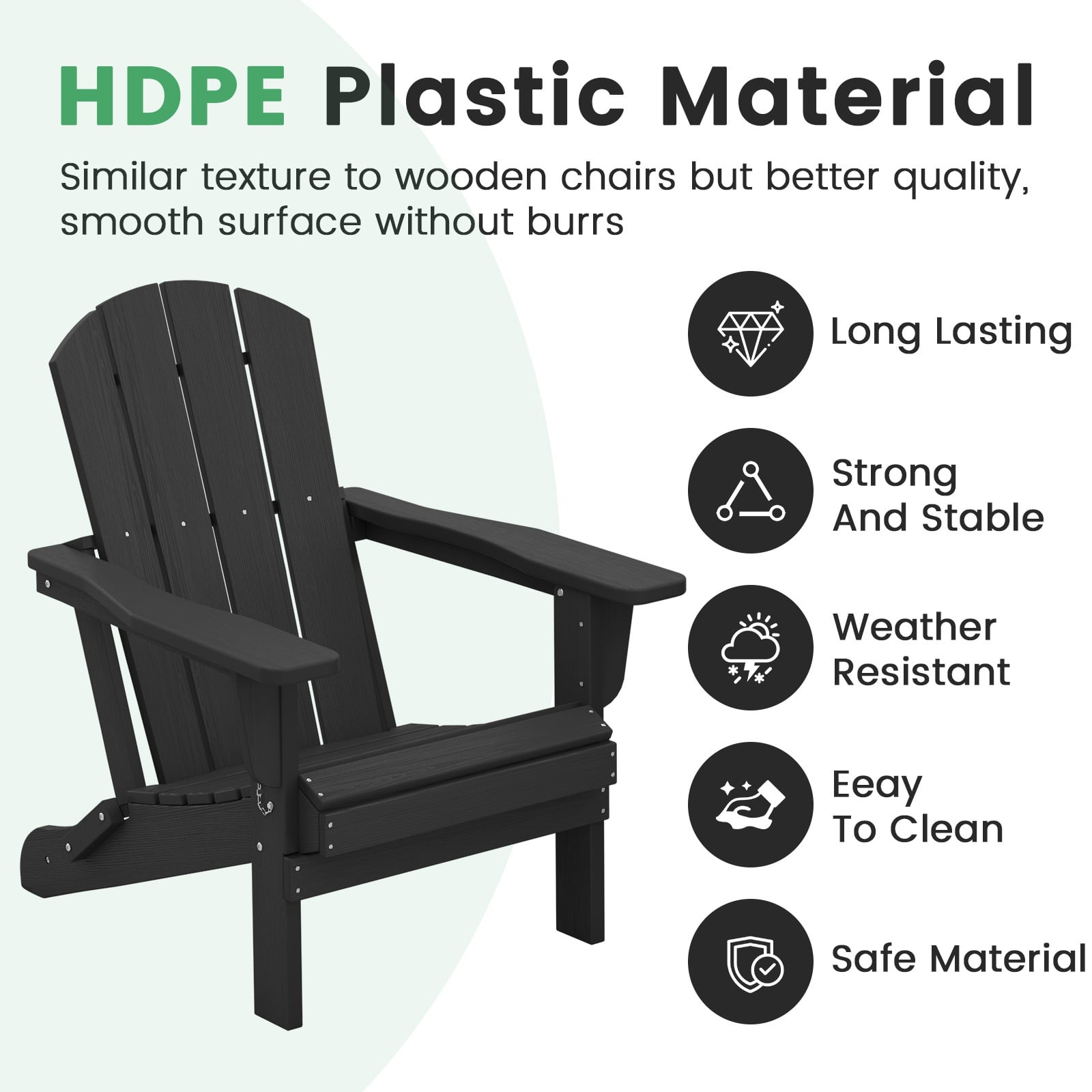LOYALICE Outdoor Patio Chair, HDPE Plastic Adirondack Chair, Black