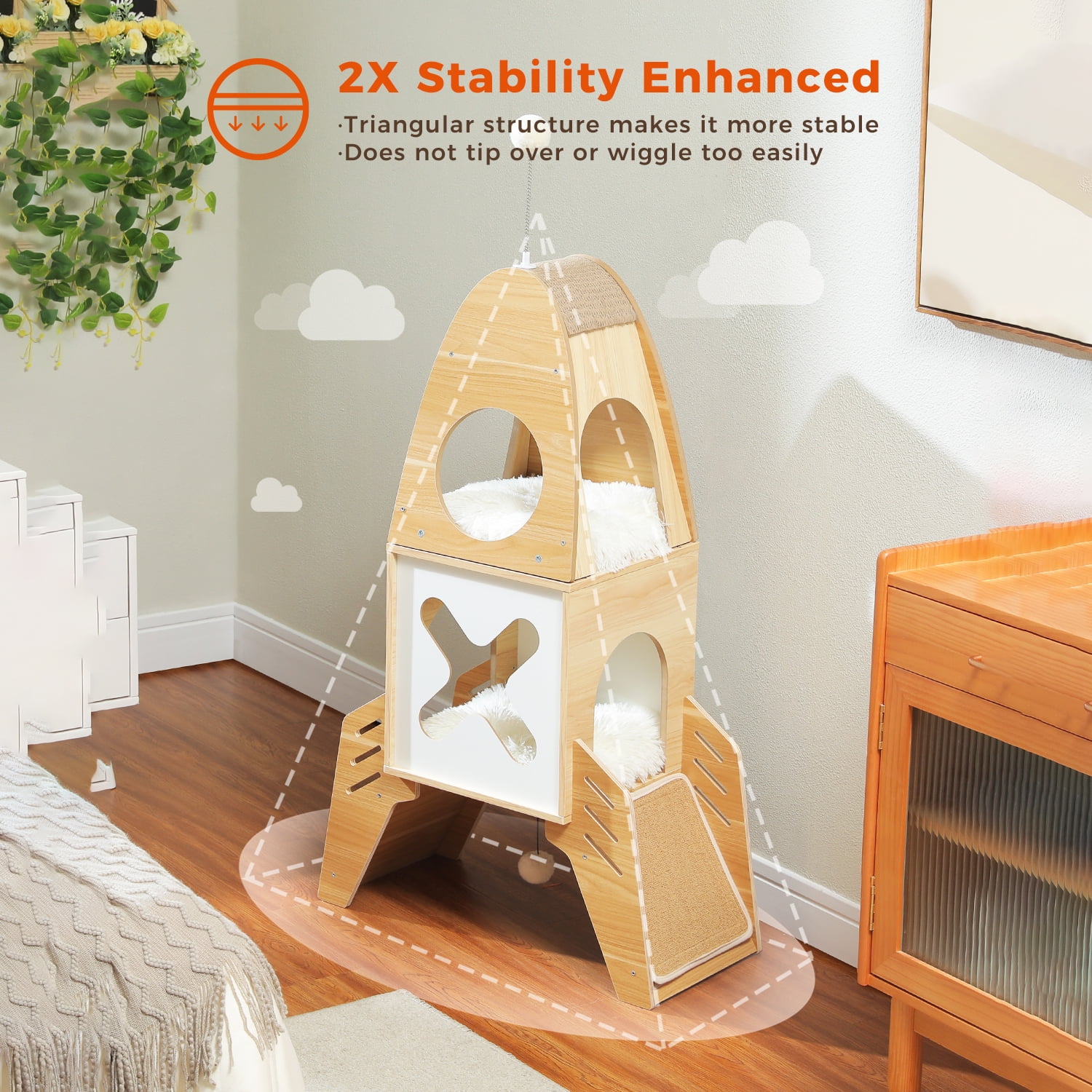 Pefilos 43" Modern Cat Tree Tower Rocket Shape, Multilevel Cat Condo for Large Cats, Cat Tower for Big and Fat Spacious, Beige