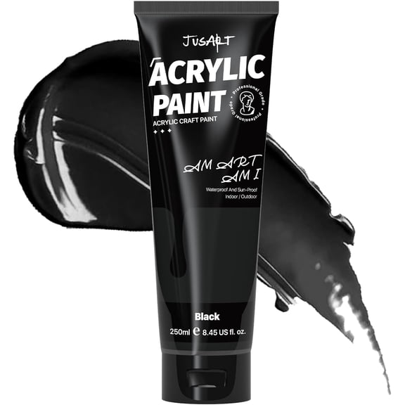 JusArt Acrylic Paint Black Tubes 250ml (8.45 oz), Non Toxic Craft Paint, No Fading Rich Pigment for Canvas Painting, Wood, Fabric, Clay, Stone, Ceramics Art Supplies for Artists, Adults