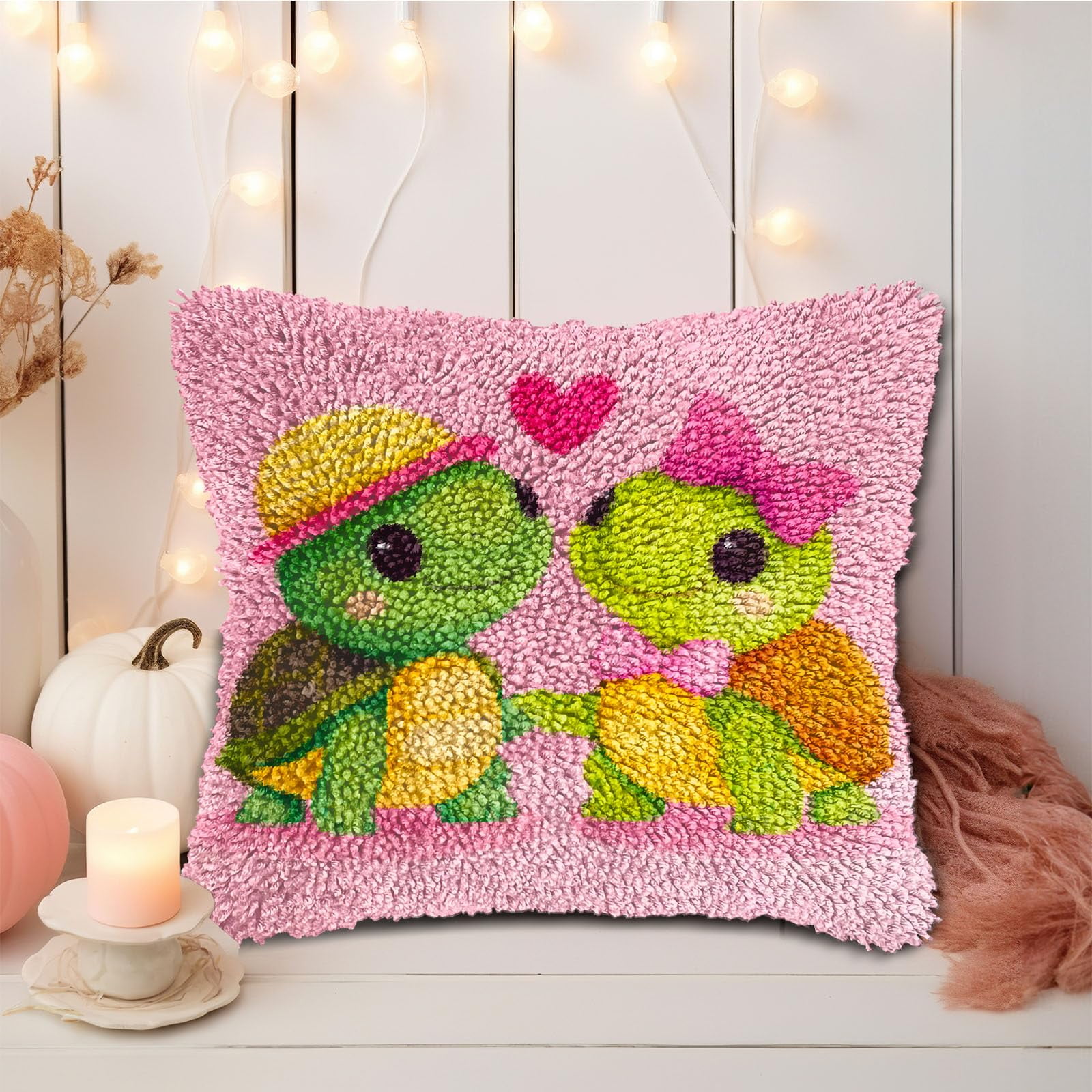 DIY Latch Hook Pillow Kits Cute Turtles in Love Printed Pillowcase Crochet Yarns Hooking Handmade Pillow Cover Cushion for Home Sofa Decoration 17x17inch-1