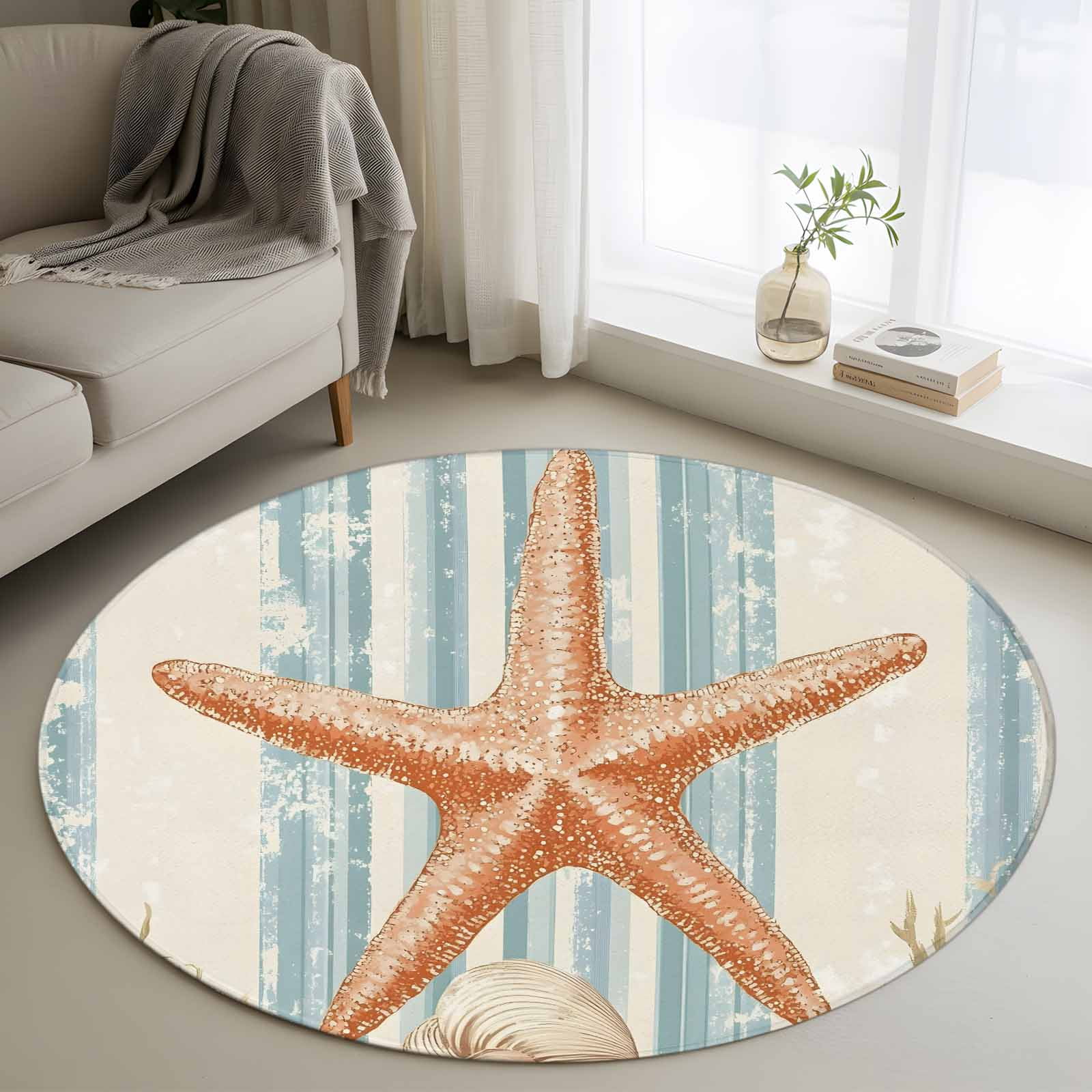 Round Rug 3ft Area Rug Vintage Watercolor Orange Starfish Shell Area Rugs for Living Room Bedroom Blue Striped Floor Mat Non-Slip Non-Shedding Carpet Indoor Accent Rugs