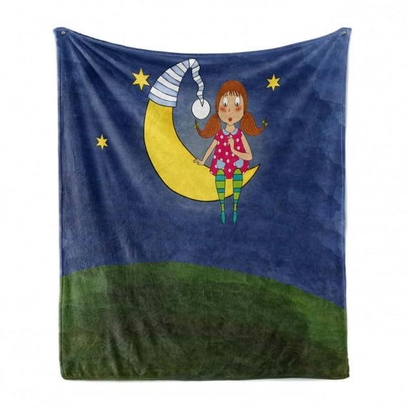 Moon Soft Flannel Fleece Throw Blanket, Cartoon Girl with Pigtails on Moon Stars Words Artwork Doodle Style, Cozy Plush for Indoor and Outdoor Use, 70" x 90", Multicolor, by Ambesonne