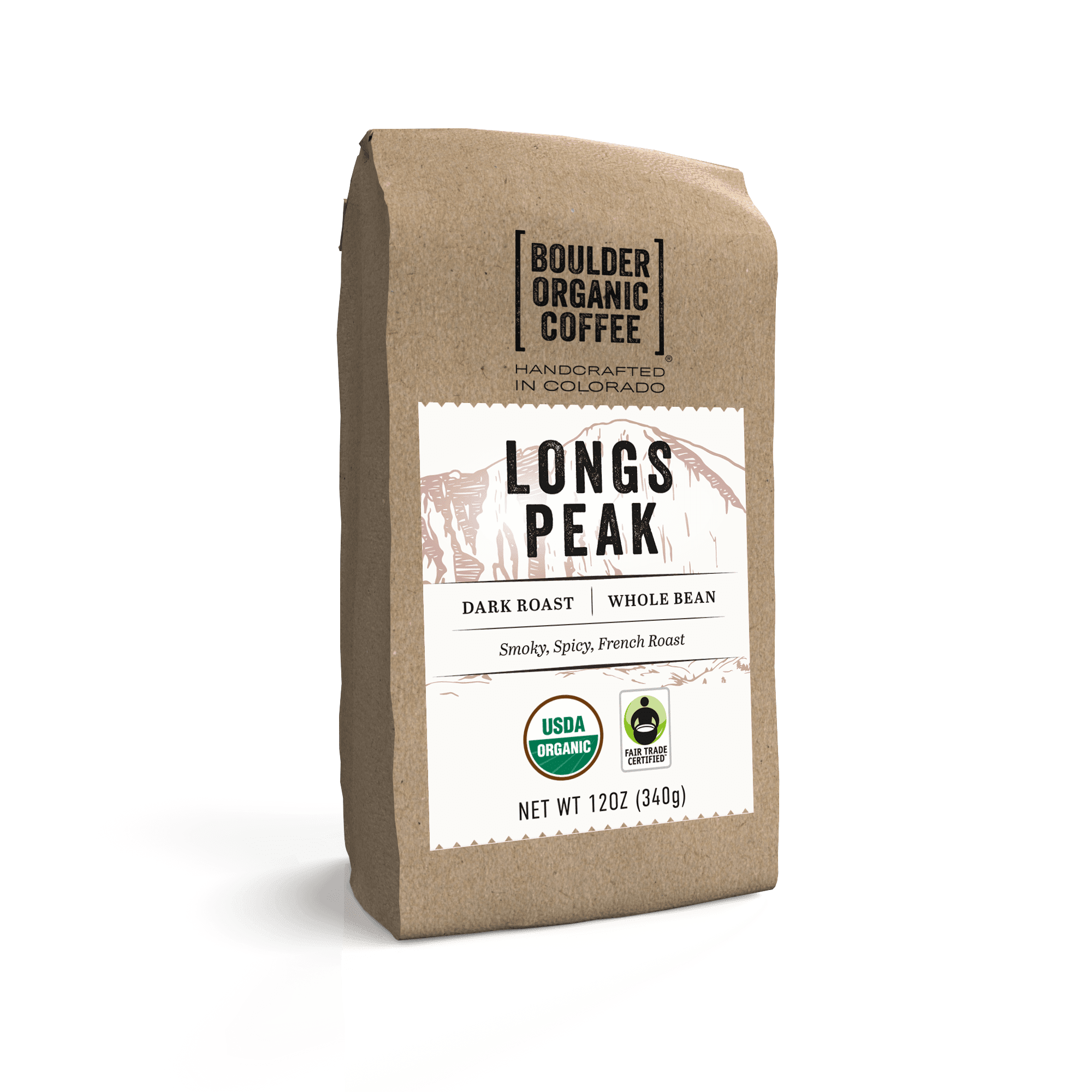 Boulder Organic Longs Peak Organic & Fair Trade Whole Bean Coffee, Dark Roast, 12 oz Bag, Caffeinated