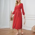 thumbnail image 5 of Gibobby Vestido de punto trenzado Vestido ajustado con cinturón y cuello en V de color liso para mujer(Rojo,G), 5 of 5