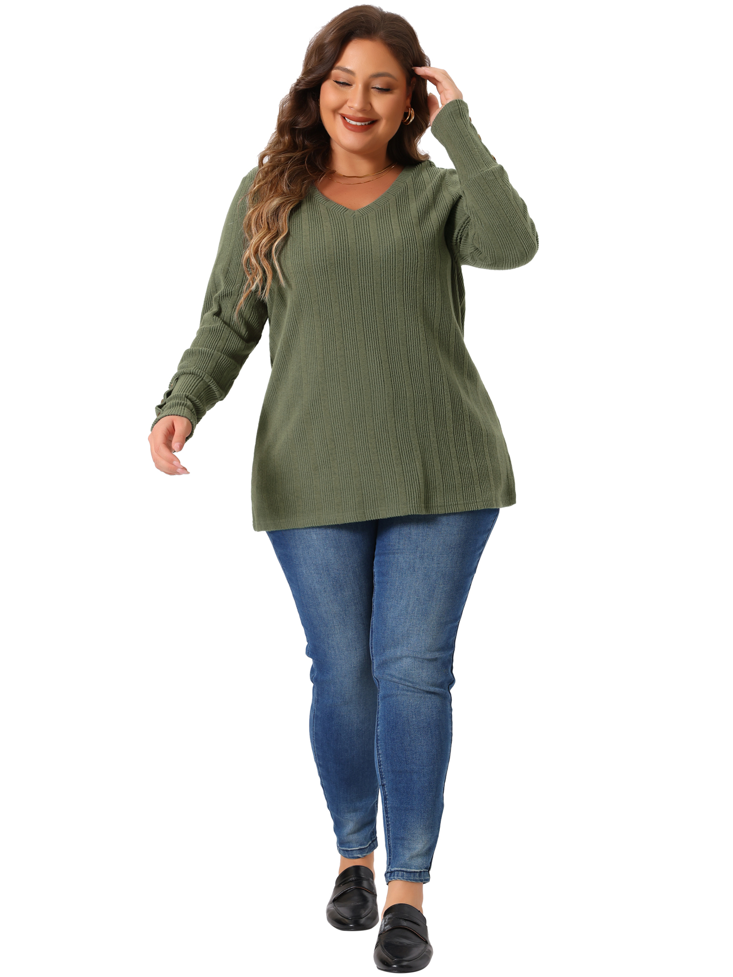 DARING DIVA Women's Plus Knit Tops V Neck Button Stretch Sweater 1X Army Green